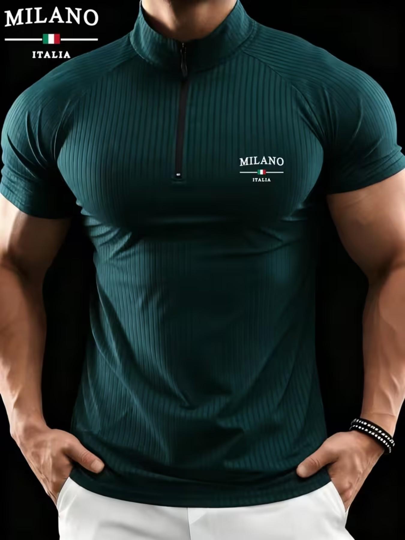Men's Milano Stand Collar Polo Shirt, Elastic Ribbed Slim Fit Muscle Show, Casual Sportswear, All Seasons, Loose-Fitting, Zipper Design