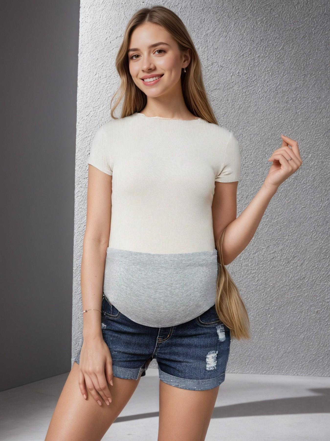 Dark Blue Pregnant Woman Ripped Denim Shorts, Belly Support Mid-Waist Elastic Casual Slimming, Fashionable Plain Style
