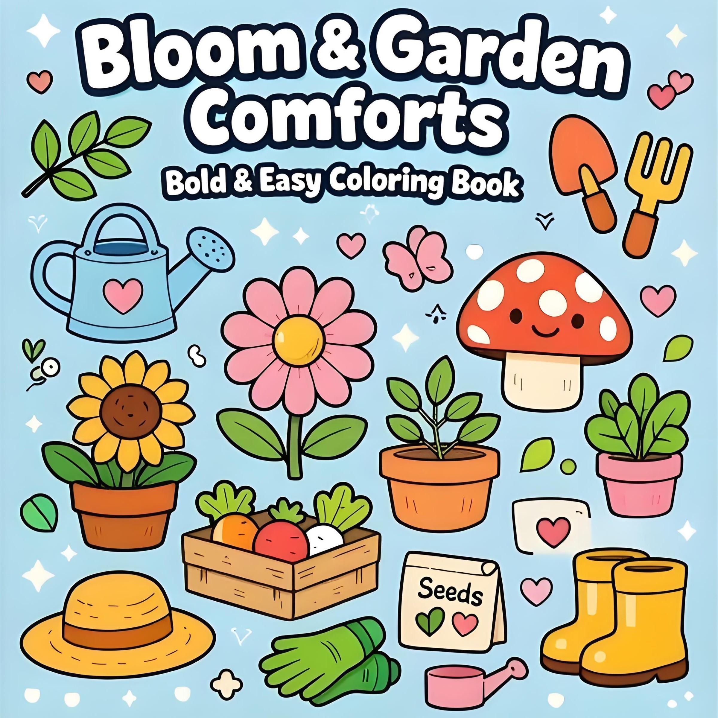 Bloom & Garden Comforts Bold & Easy Coloring Book for Kids & Adults - 22 Cute Kawaii Cozy Garden & Plant Coloring Pages, 120gsm Thick No Bleed Paper, Non-Toxic Odorless, Glue Binding, Perfect for Stress Relief