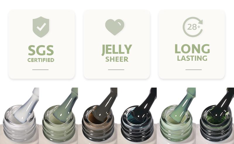 GAOY Emerald Green Jelly Gel Nail Polish Set, 6 Transparent Colors Sheer White, Soak Off UV Light Cure Gel Polish for Salon and Nail Art DIY at Home