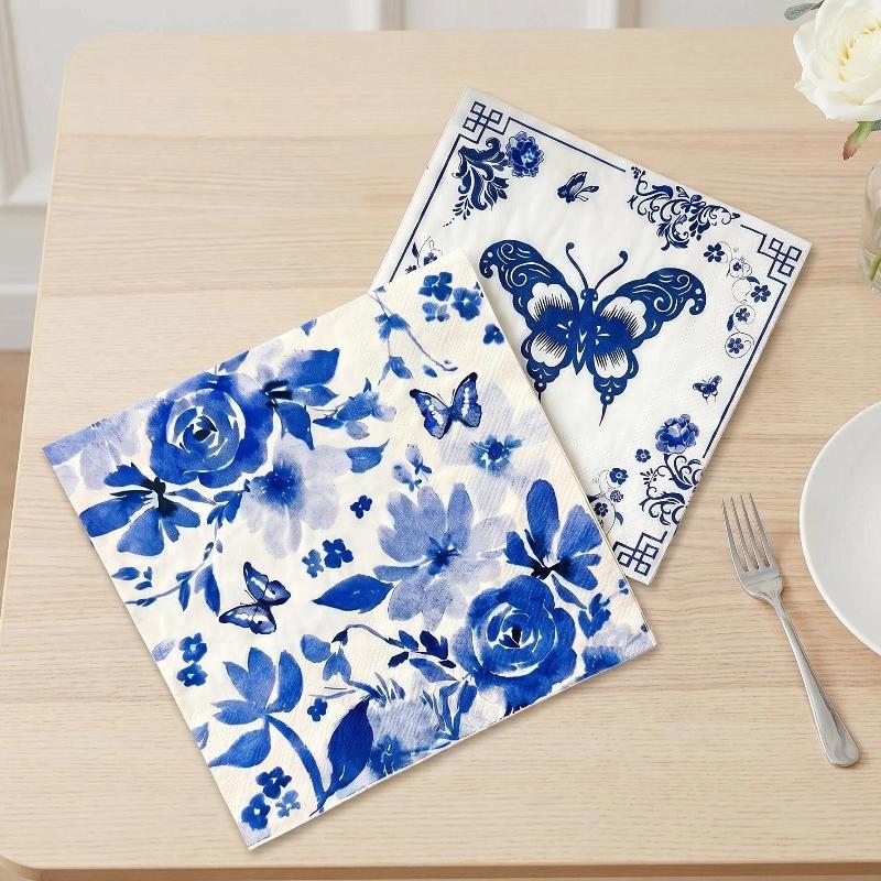 Blue Floral Bird Pattern Napkins, 2 Packs (20 Sheets/pack), Traditional Style Disposable Napkins for Wedding Party Decorations