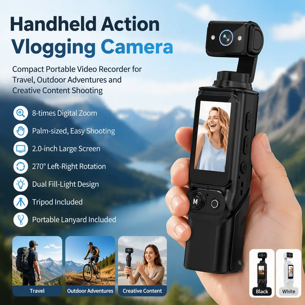 Portable Handheld Vlog Video Recorder, Compact Action Camera for Travel Trips, Outdoor Adventures, Vlogging and Creative Content