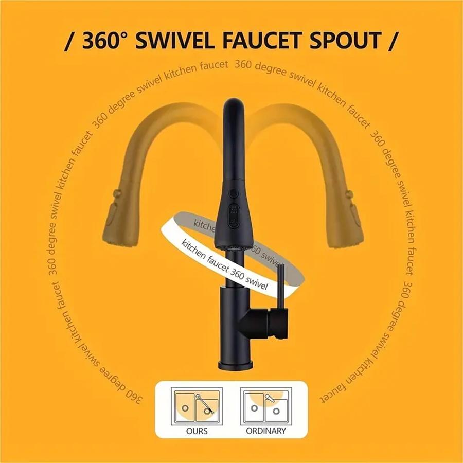 Modern Stainless Steel Pull-Out Kitchen Faucet, 360-Degree Rotating Water Outlet, Dual Function Hot and Cold Water Spray Head