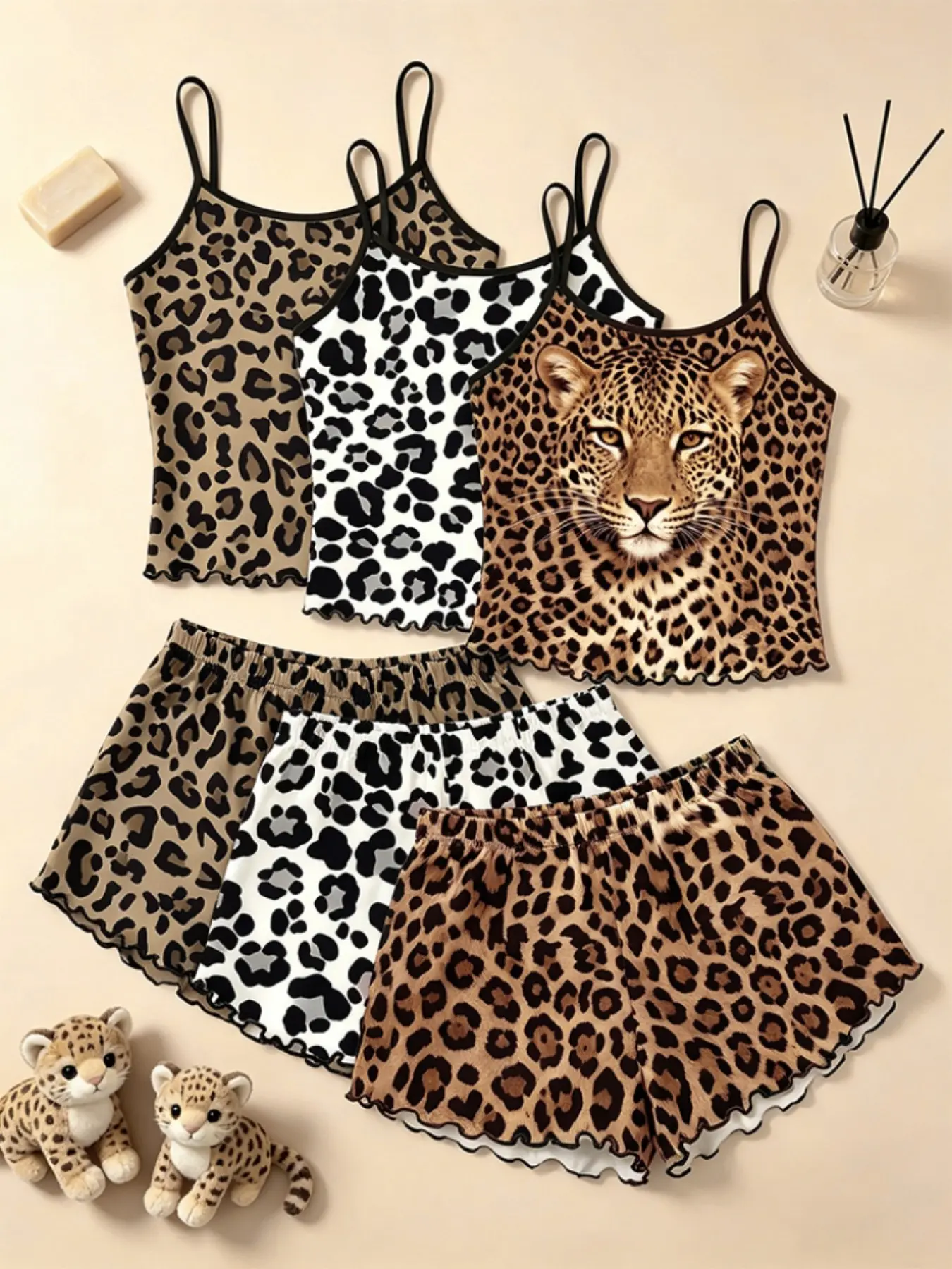 6 Piece Set Y2K Edgy Bold Aesthetic Women's Sleepwear, Leopard Cheetah Print Summer Spaghetti Strap Contrast Trim Ruffle Hem Ultra Soft Pajama Set, Cool Comfy Breathable Casual Nightwear for Daily Wear