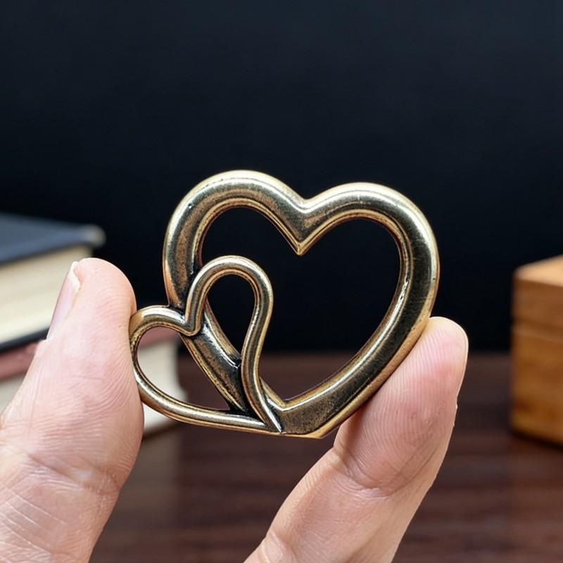Vintage Brass Heart Fusion Ornament, European Aged Texture Heart Desktop Decor, Valentine's Day Wedding Anniversary Gift