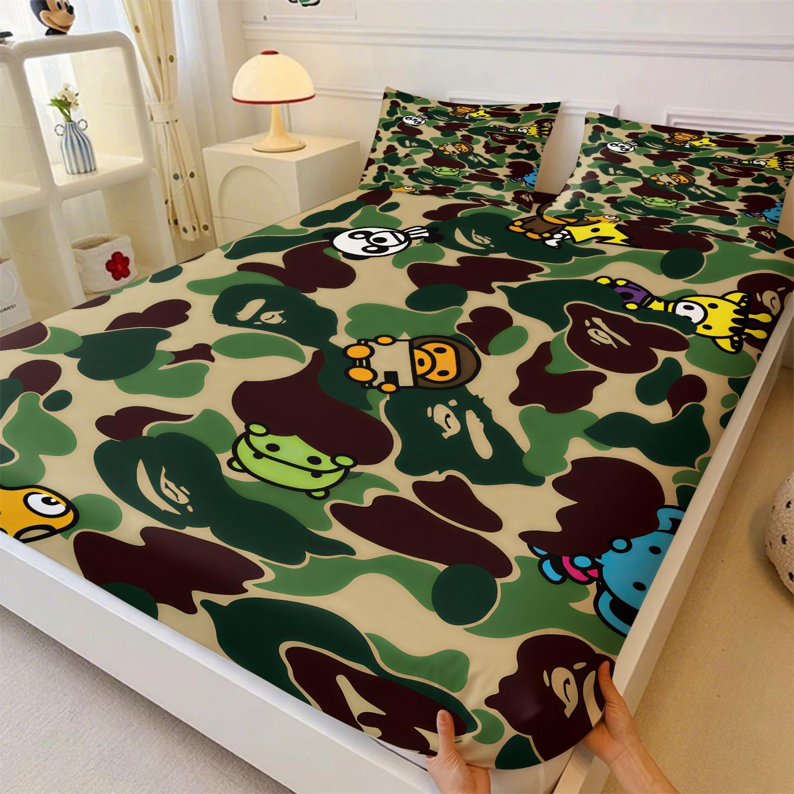 Black-White Camouflage Fitted Sheet Set & 2 Pillowcases No Core, Low-Saturation Camo & Iconic Ape Head Logo, Soft Anti-Slip Wrinkle Resistant, Industrial Hip Hop Style Bedroom Decor, Gift for Fans