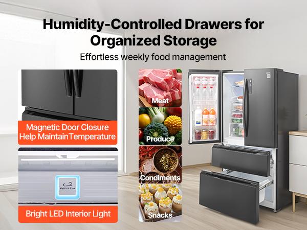 VEVOR French Door Refrigerator, 18.9 Cu. Ft. Kitchen Fridge, Counter Depth French Refrigerator with LED Display and 4 Casters, Frost-Free Bottom Freezer Refrigerators for Home Commercial Use, Black