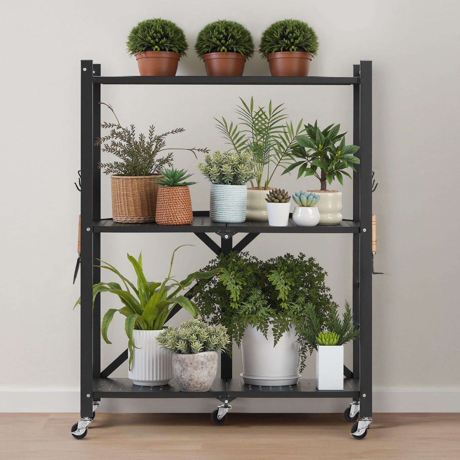 VEVOR 3-Tier Foldable Carbon Steel Storage Shelves, 13x28x36" Folding Metal Rack Unit, No-Assembly Organizer with 5 Wheels & 4 Hooks for Kitchen, Garage, Black