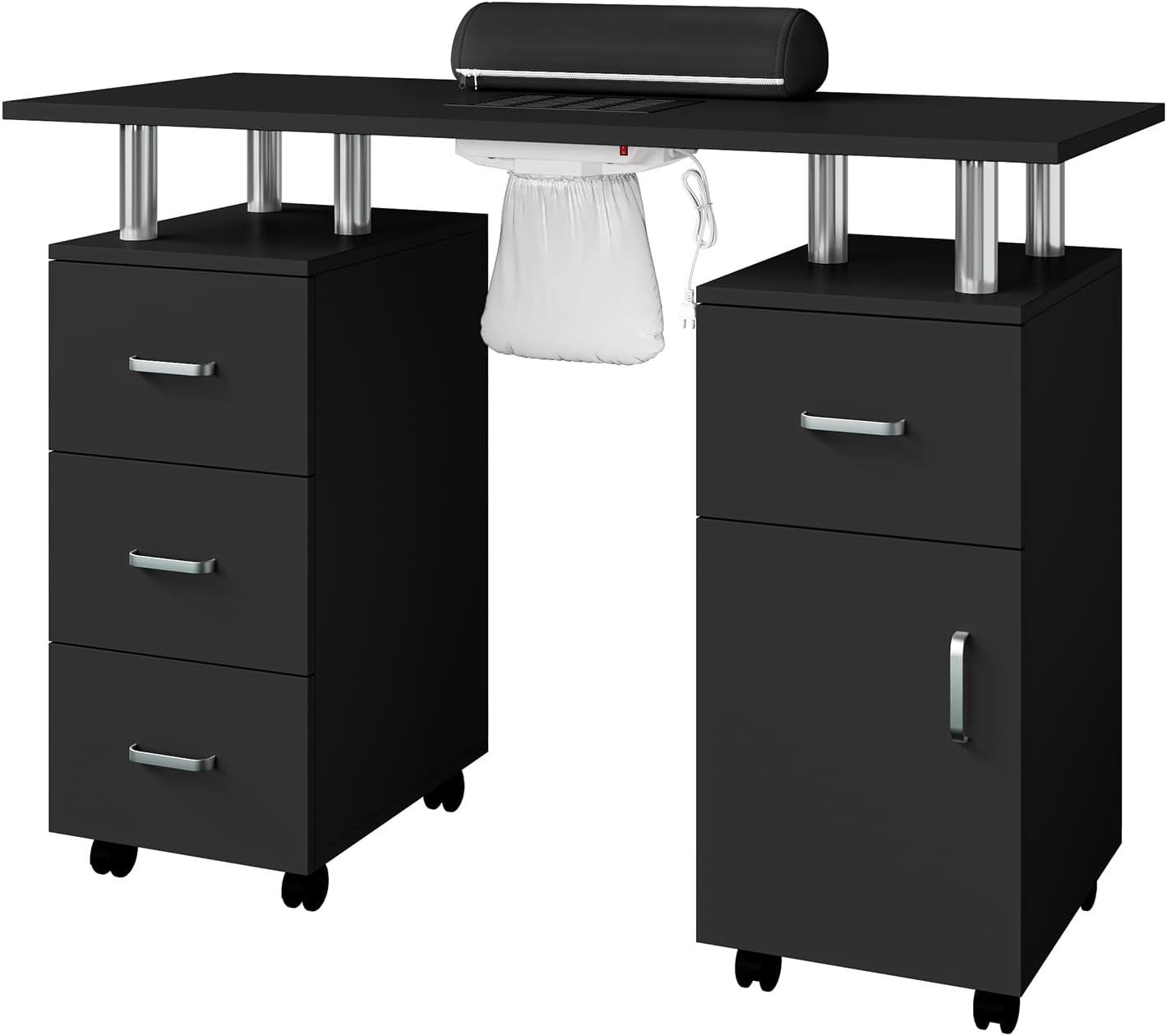 Professional Nail Desk with Electric Dust Collector, Nail Tech Table for Salon & Home Use, 4 Drawers Storage Cabinet, Lockable Wheels & Arm Rest