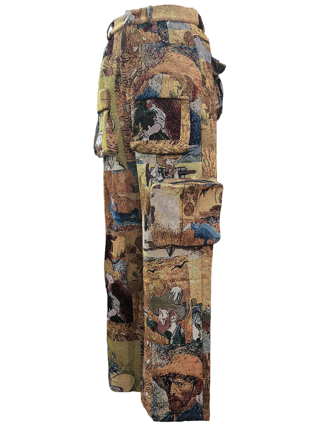 Women's Patchwork Art Print Pocket Cargo Pants, Casual Street Trousers for Daily Wear, Ladies Bottoms for All Seasons, Baggy Pants