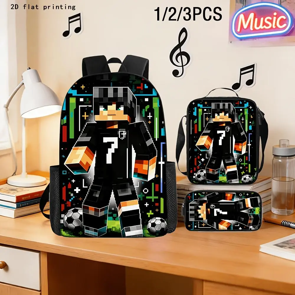 Unisex Casual Preppy Waterproof Cyberworld-Style Backpack (1PC/2PC/3PC Options) - 2D Flat Pixel Building Block Athlete Mini Design, High-Definition Long-Lasting Printing, Ideal for Daily Commuting, School