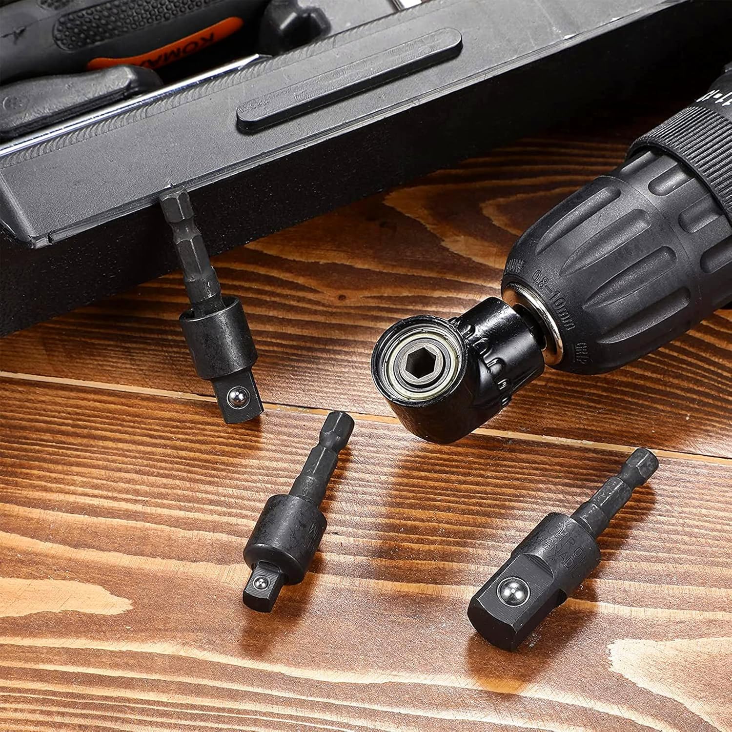 Right Angle Drill Adaptor,4-in-1 Impact Drill Bit Extension,360° Rotatable 1/4 3/8 1/2" Impact Grade Socket Adapter Set, Drill Attachment,105 Degree Angle Screwdriver Drill Bit for Household Workplace Industry