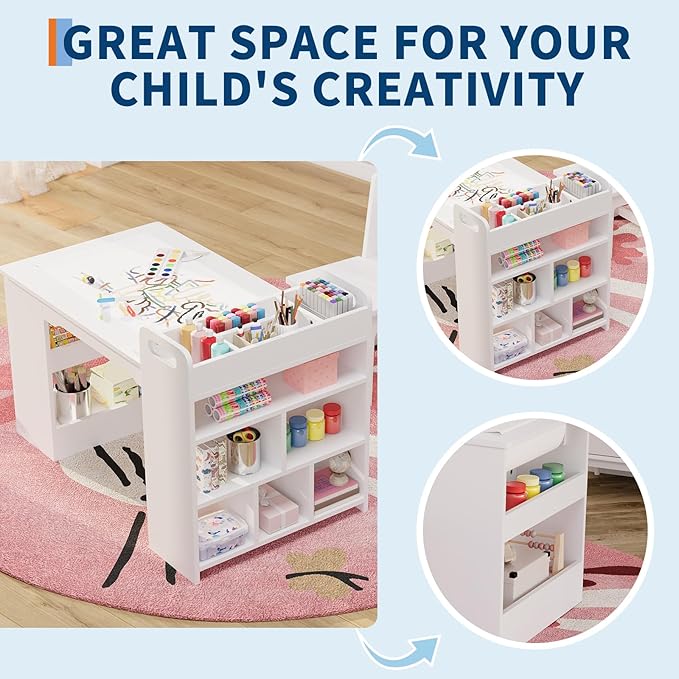 49" Art Table, Large Craft Table with 2 Chairs, Multi-Functional Art Desk with Storage Shelves for  Playroom,School