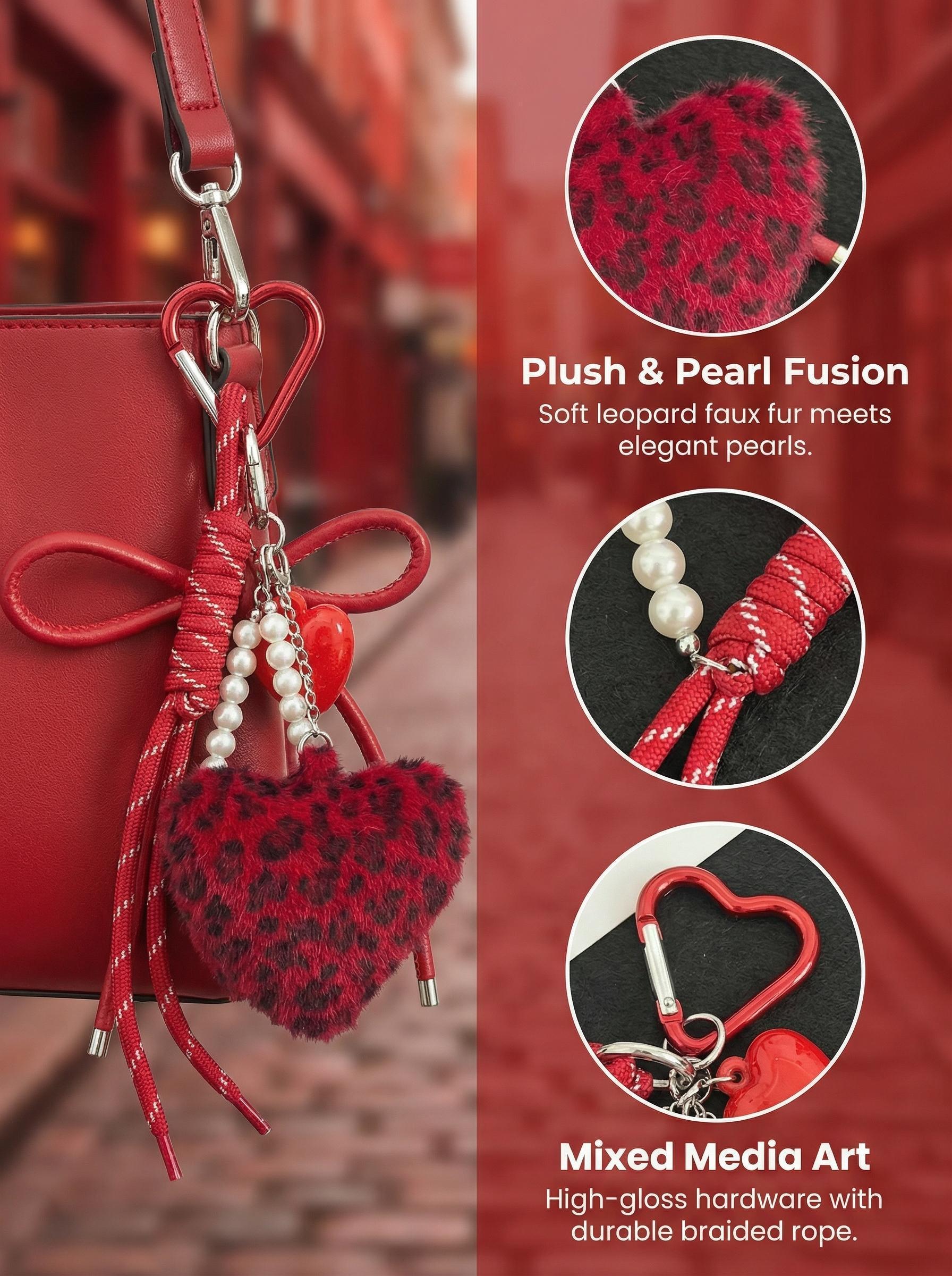 Women's Feminine Romantic Leopard Print Heart Metal Chain Handbag Charm - Detachable Keychain Kawaii, Stylish Backpack Accessory for Daily Matching & Valentine’s Day Gifting, Handbag Charms, Purse, Backpack Accessories, Clip On