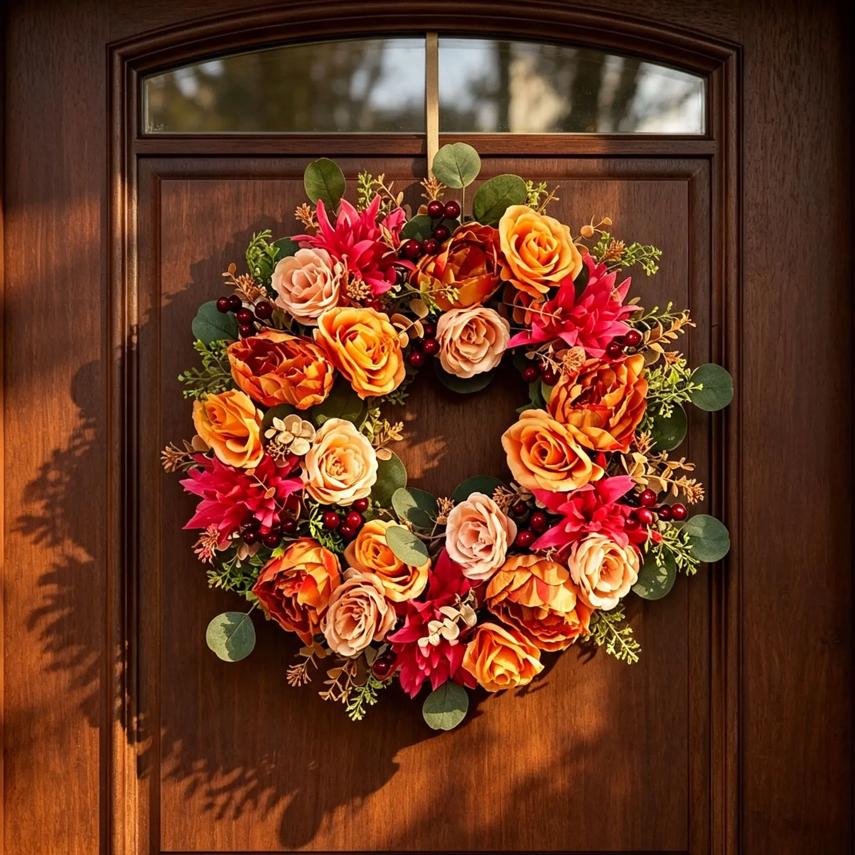 Autumn Flower Wreath, Artificial Fall Wreath with Roses, Chrysanthemums, Eucalyptus Leaves, Berries, Thanksgiving Home Decor