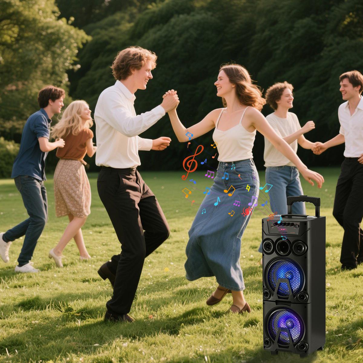Portable Bluetooth Party Speaker Dual 8" Woofers Dual Wireless Microphones Wooden Cabinet TWS LED Light Rechargeable Stereo Wireless PA Speaker System Portable Bluetooth Party Speaker Dual 8" Woofers Dual Wireless Microphones Wooden Cabinet TWS LED Light Rechargeable Stereo Wireless PA Speaker System