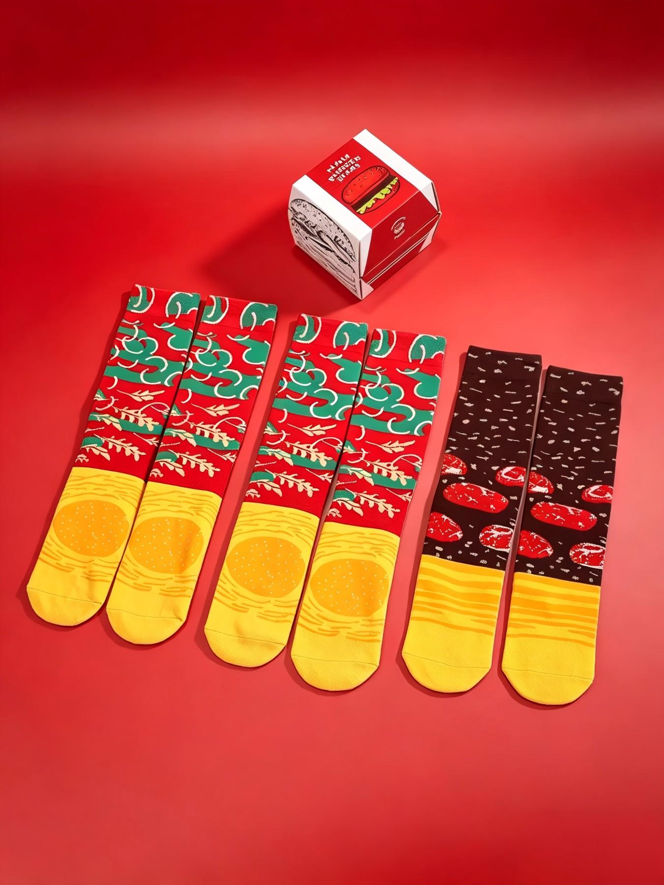 3 Pairs Burger Gift Box Socks, Fun Trendy Unisex Crew Socks, Creative Food Design, Warm Soft Comfortable, Perfect Gift Sock Set