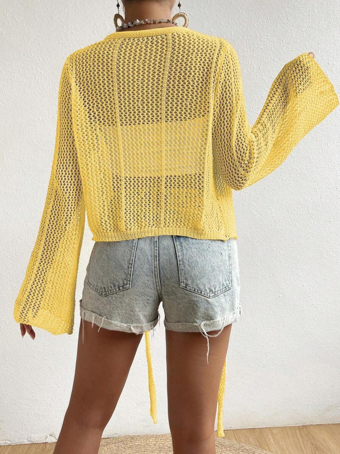 Women's Plain Knot Front Cardigan, Casual Long Sleeve Cover Up for Summer, Fashion Women's Knitwear for Beach Holiday Vacation