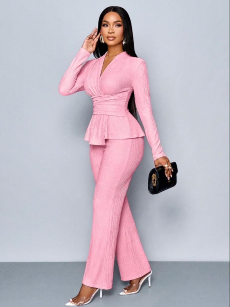 Women's Apricot Color Elegant V-Neck Long Sleeve Asymmetrical Hem T-Shirt & Wide-Leg Pants Two Piece Set, Casual Daily Wear
