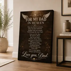 Rustic Golden Angel Wings For My Dad In Heaven Canvas Wall Art, Dad Memorial Remembrance Poem Decor, Bereavement Sympathy Keepsake Poster, Available as Unframed Canvas Poster or Framed Canvas Wrap
