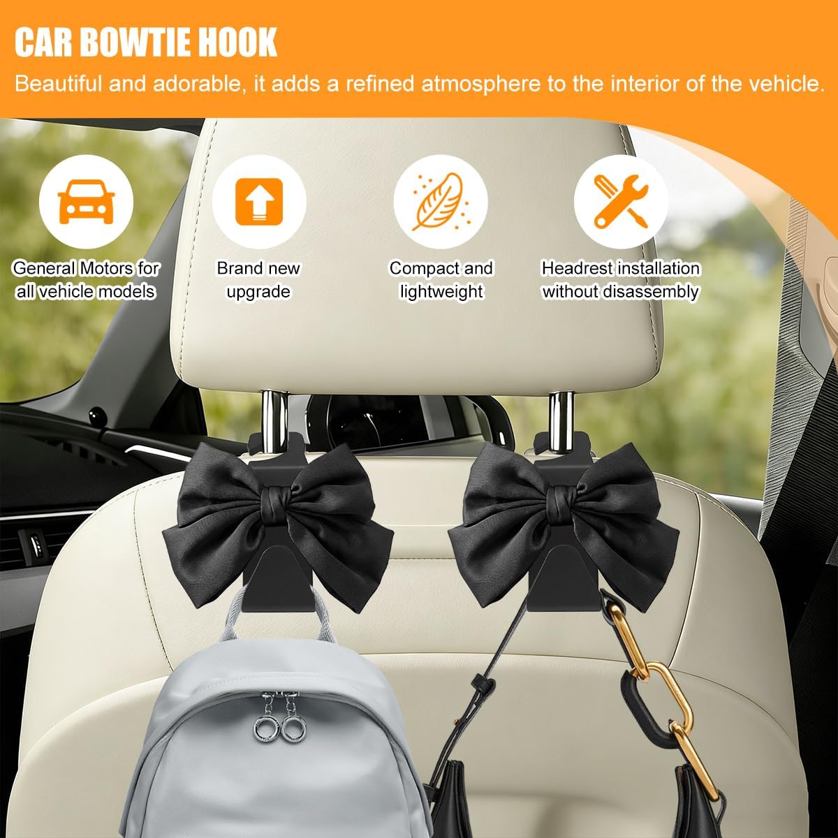 2 count  Seat Headrest Hook, Cute Bow  Seat Hanger Storage Hooks for Handbag Purse Coat, Automotive Interior Headrest Organizer, Universal for Automobile RV  (Black)