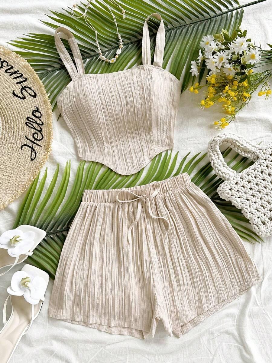Women's Vacation Casual Resort Solid Color Spaghetti Strap Sleeveless Tank Top and Shorts Set, Summer Lounge Set, 2-Piece, Comfortable and Stylish, Perfect for Relaxing Days