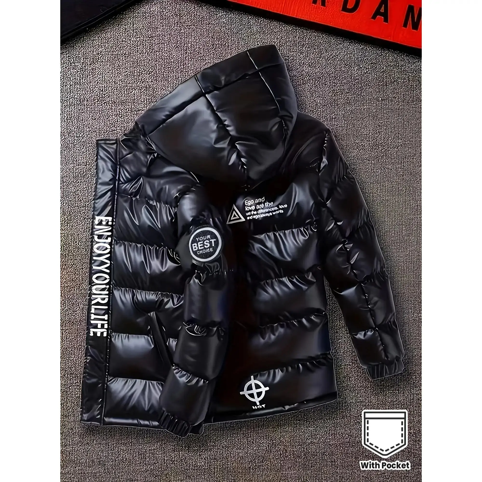 Boys' Casual Hooded Jacket with "BEST" Letter Print, Black Polyester Winter Coat with Pockets, Regular Fit for Fall/Winter, Cozy Outerwear, Fall Winter Apparel, Durable Outerwear, Schoolage Kids, Thick