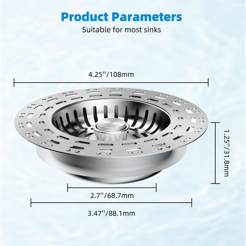 3-in-1 Kitchen Sink Drain Strainer, Stainless Steel Sink Plug, Deodorizing Anti-Clog Basket Strainer for US Standard 3-1/2 Inch Drains
