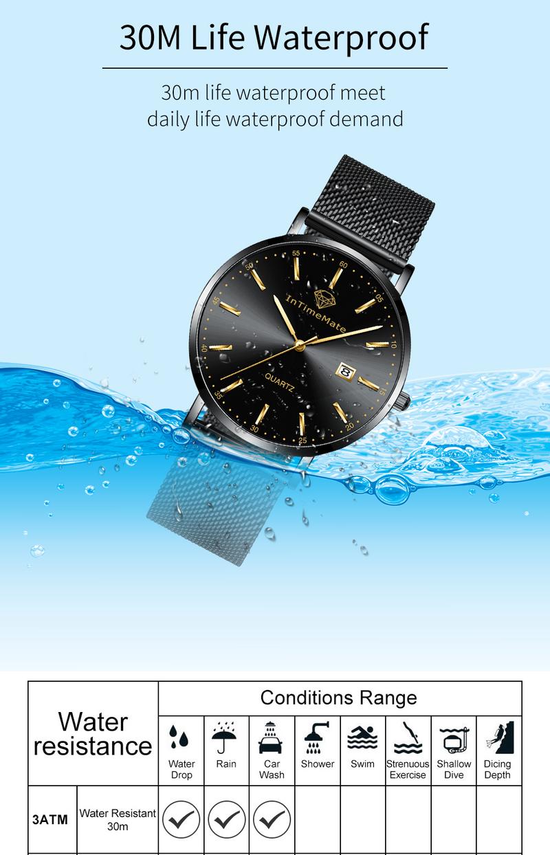 INTIMEMATE Ultra-thin Men's Watch; Stainless Steel Men's Watch; Casual Men's Watch; Business Formal Men's Watch; Lumcent Watch; Waterproof Men's Watch Black Dial