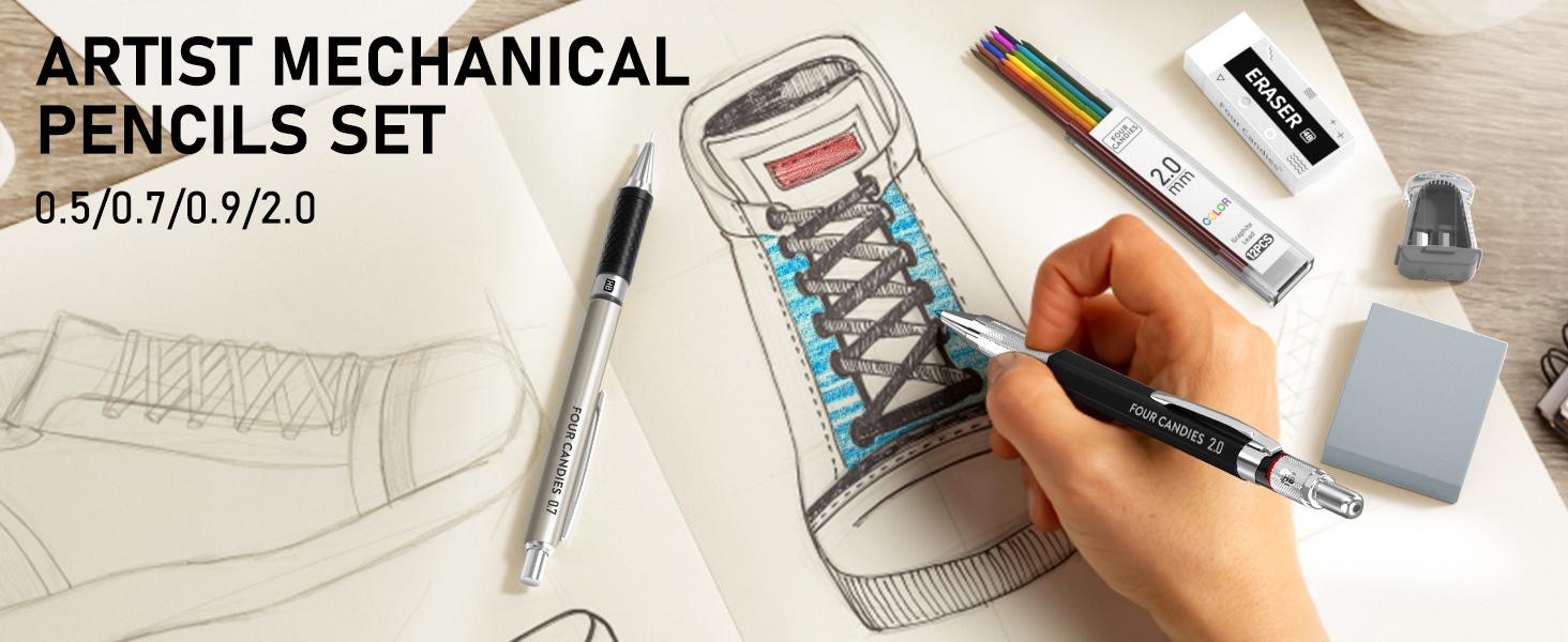 Four Candies 25PCS Mechanical Pencil Set with Case - 3PCS Metal Pencils 0.5 0.7 0.9mm, 3PCS 4B Erasers, 432PCS Graphite Leads for Writing Drawing Sketching Christmas Gifts, Stationery Writing Tools