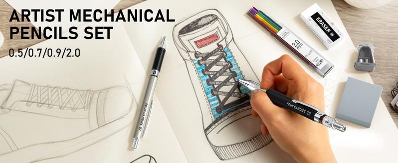 Four Candies 25PCS Mechanical Pencil Set with Case - 3PCS Metal Pencils 0.5 0.7 0.9mm, 3PCS 4B Erasers, 432PCS Graphite Leads for Writing Drawing Sketching Christmas Gifts, Stationery Writing Tools Four Candies 25PCS Mechanical Pencil Set with Case - 3PCS Metal Pencils 0.5 0.7 0.9mm, 3PCS 4B Erasers, 432PCS Graphite Leads for Writing Drawing Sketching Christmas Gifts, Stationery Writing Tools