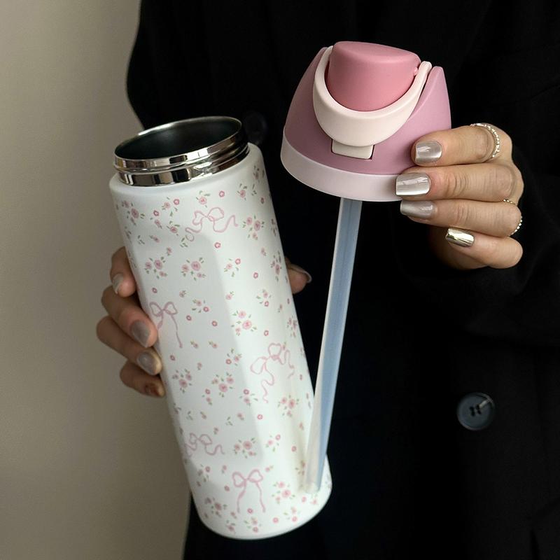 1pc Floral Pattern Insulated Double Wall Stainless Steel Sports Bottle, 24oz-32oz-40oz Sizes, Travel Cup with Straw Design for Gym School Travel, Thermo Tumbler, Insulated Water Bottle