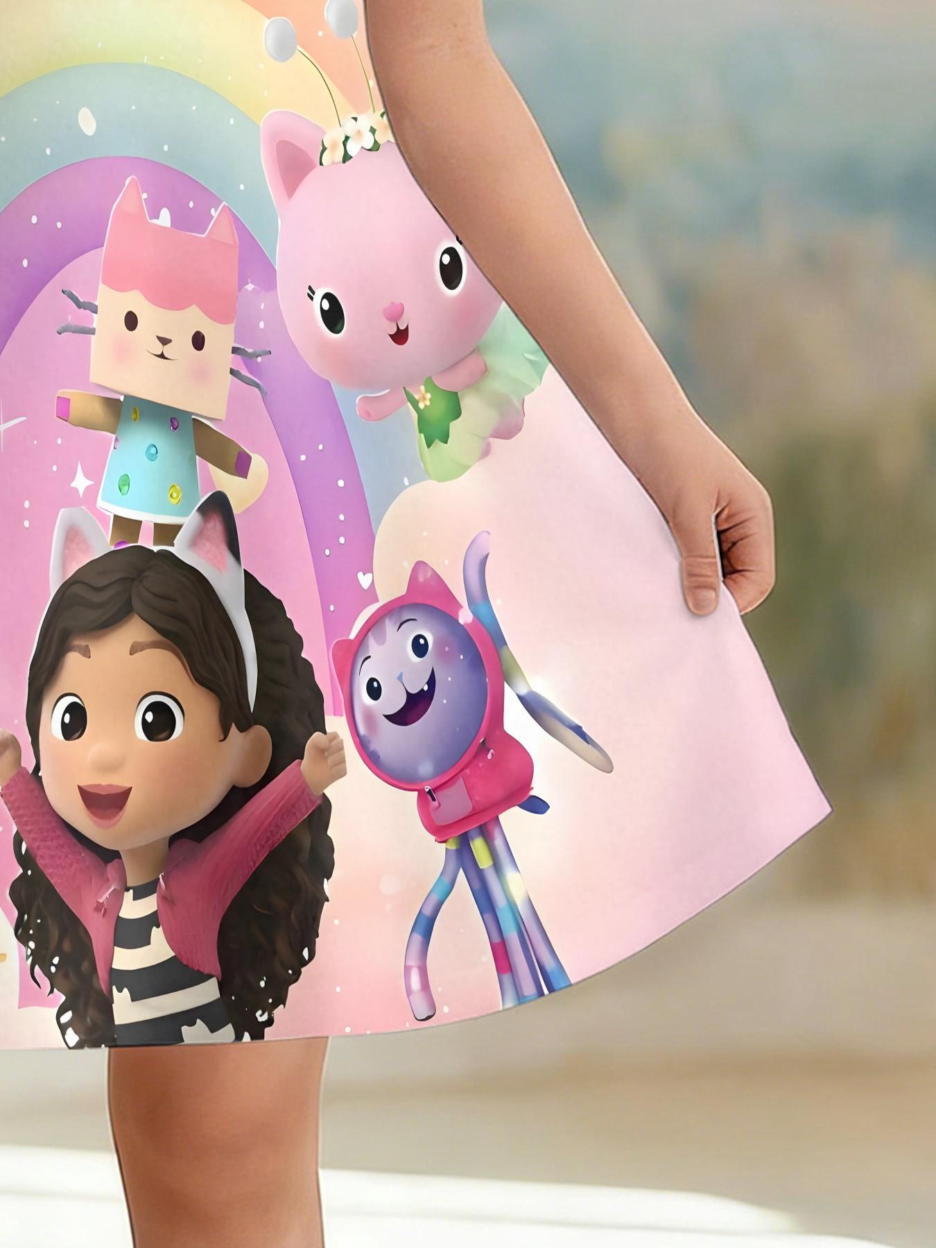 Girls' Gabby Doll House Theme Dress, Summer Fun Short Sleeve Princess Dress, Breathable Casual Dress, Birthday Gift, Holiday Gift