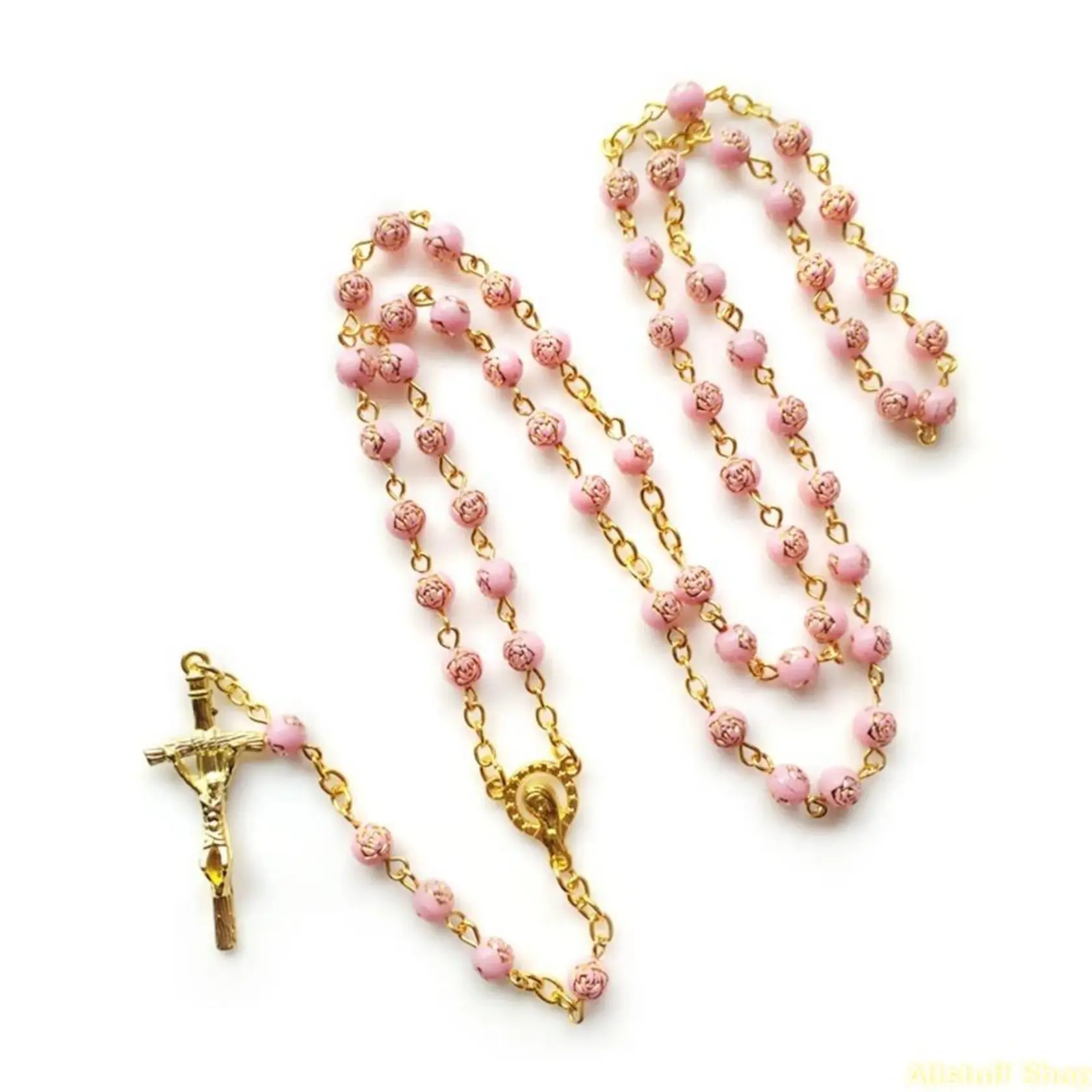 6mm Rose Beads Rosary Necklace with Jesus Crucifix, Sports & Outdoor Cross Necklace for Activity Wear Sets