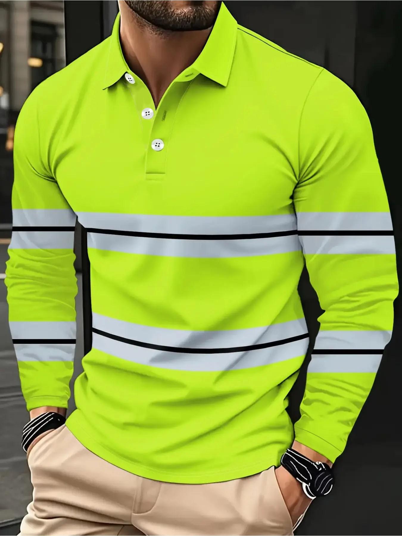 Digital printing men's casual polo shirt with a collar, stylish, Striped, with stripes, breathable and comfortable long sleeves