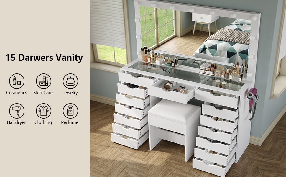 FUSOU 55“W 15 Drawers Vanity Desk with Power Outlet【Shipping By 2 Packages】Makeup Table with Mirror and LED Lights, 3 Color Lighting Modes, Vanity Table with Chair for Bedroom