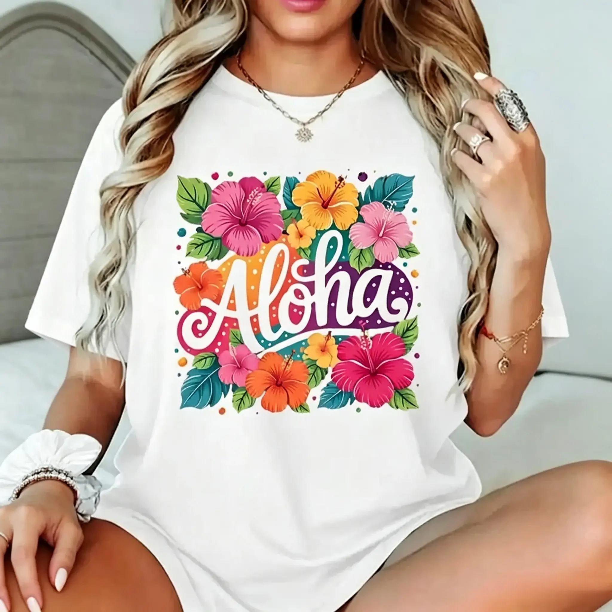 Aloha Tropical Hibiscus Flowers Graphic T Shirt Hawaiian Beach Summer Womens Casual Tee clothes for back to school first day of school outfits soft breathable comfortable daily wear trendy casual tops for teen girls and women perfect for vacation party an