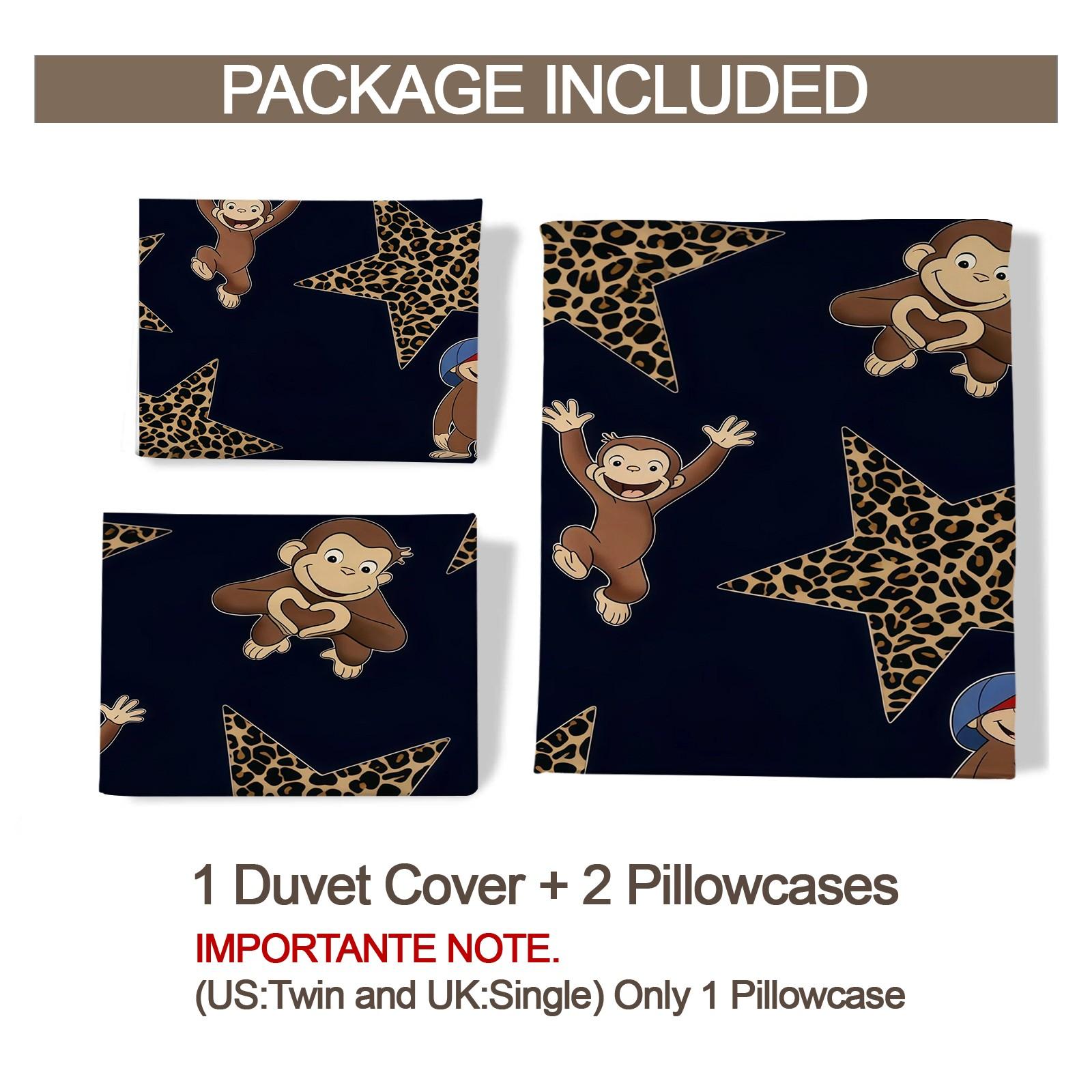 2/3 Piece Curious George Duvet Cover Set, 1 Duvet Cover + 1/2 Pillowcases NO FILLING INCLUDED, Cute Cartoon Monkey Leopard Star Bedding, Kids Bedroom Decor for Boys Girls Teens, Ideal Gift for Curious George Fans