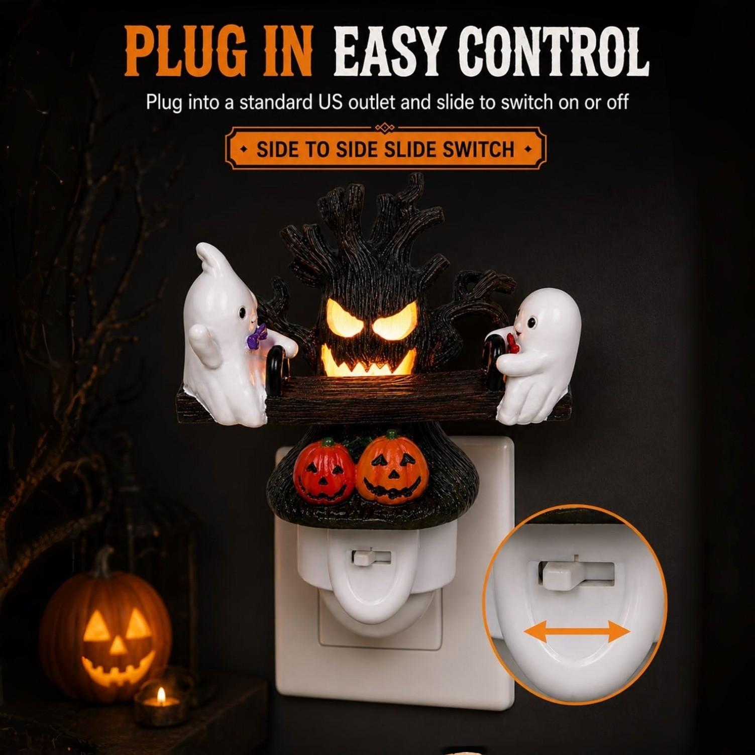 Friendly Ghosts Move up and Down for Playful Halloween Charm, Animated Seesaw Ghost Night Light, Holiday Decoration Lights, Festive Decoration, Manual Press Rocker Plug in Resin Wall Decor Glowing Tree Face Pumpkin Bedroom