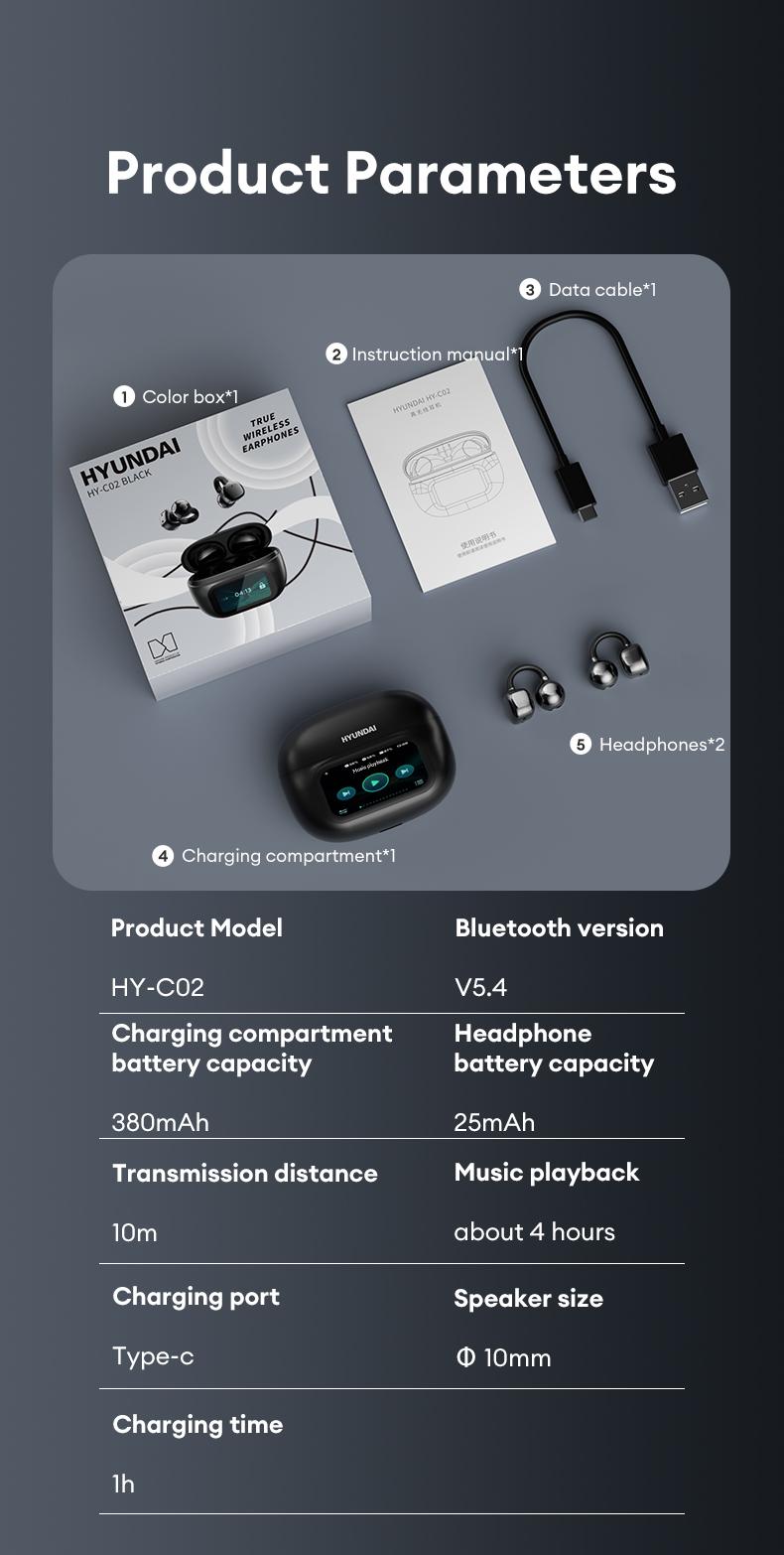 HYUNDAI C02 Clip-On Ear Headphones with LCD Full Color Touch Screen, Wireless Earbuds Headset for Music & Phone Calls