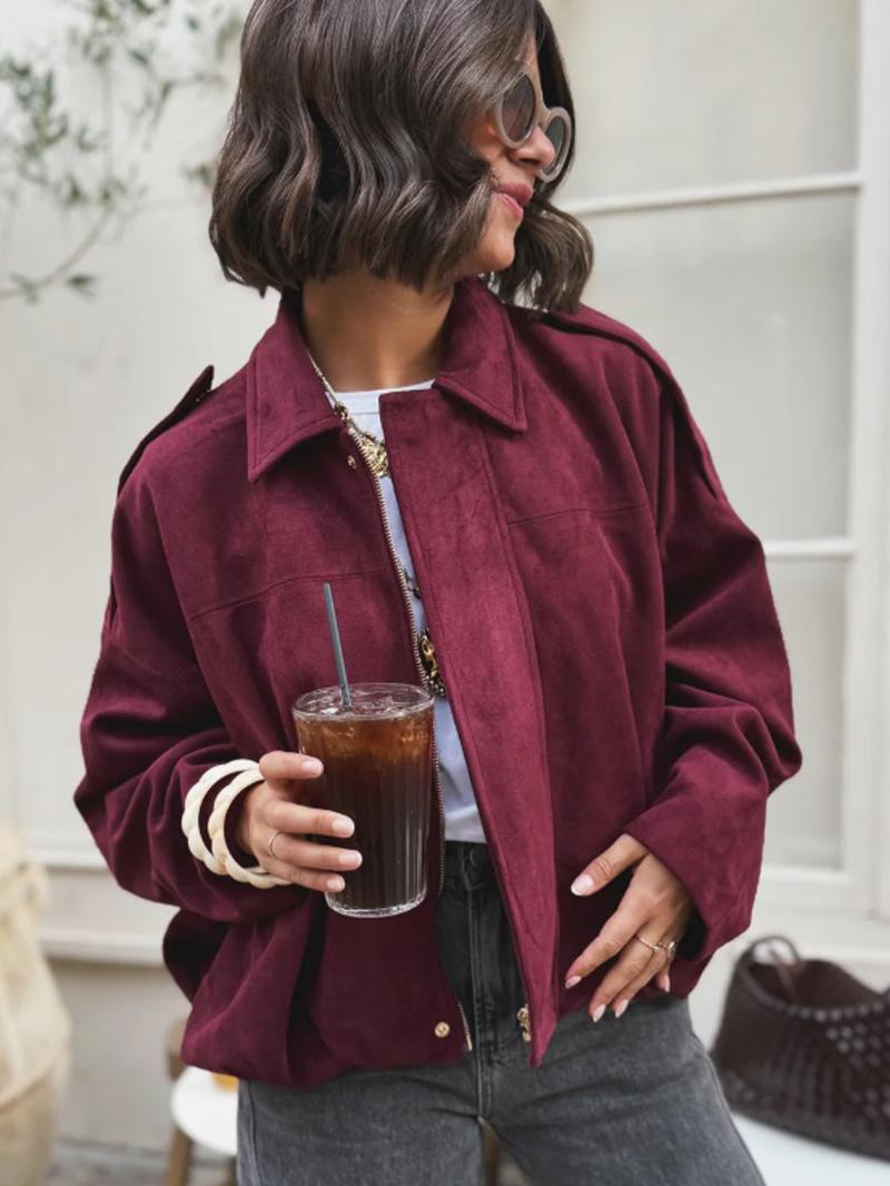Women's Cropped Suede Jacket Demi-Season Bomber Jacket Female Outerwears Street Long Sleeve Oversized Black Brown Green Red Jacket Woman Fashion Zip Up Short Coat
