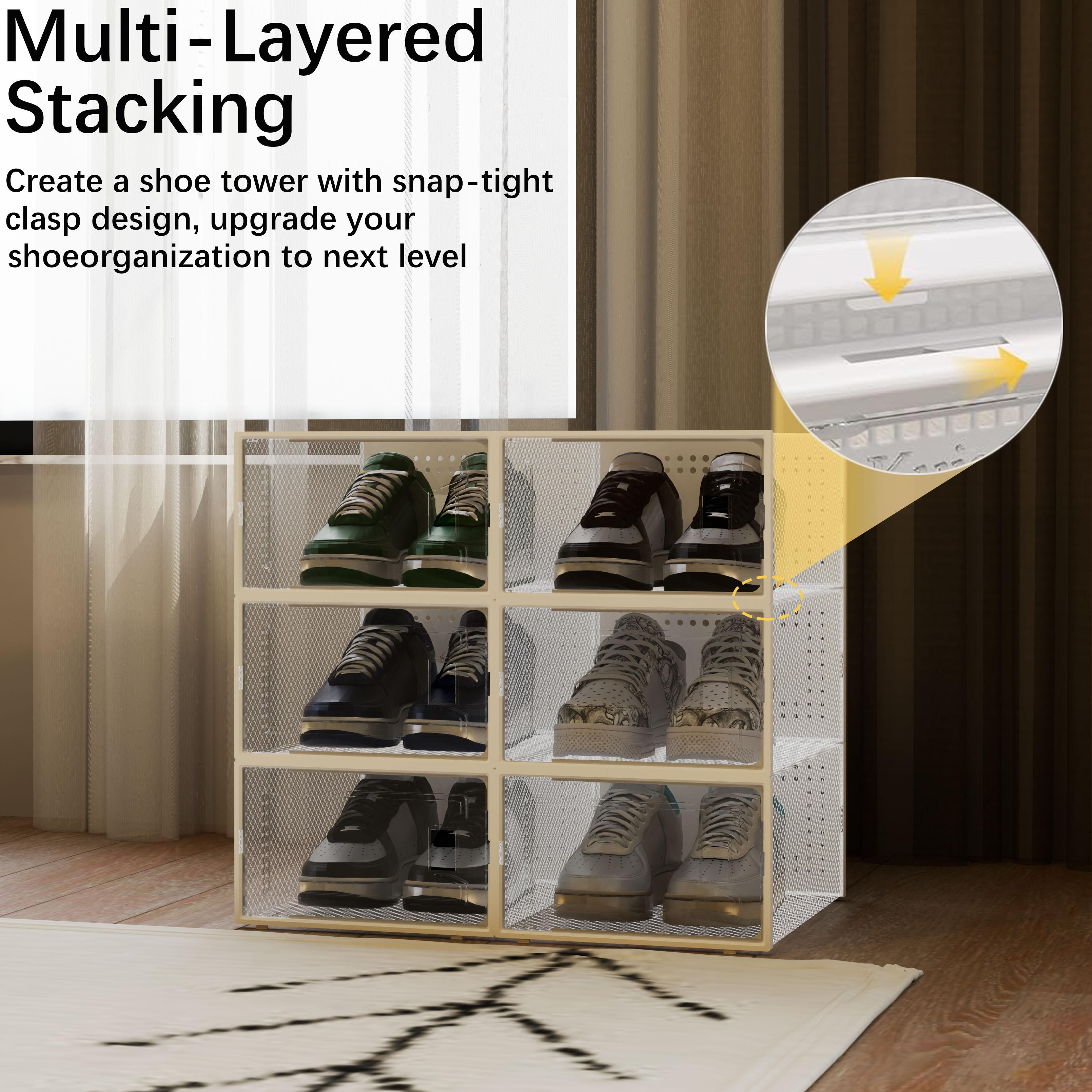 12Pcs Stackable And Foldable Shoe Boxes with LIDS - Clear, Waterproof Plastic Sneaker Storage Containers,Space Saving Shoe Rack,Substitute For Drawer Organize Unit, White multipurpose use