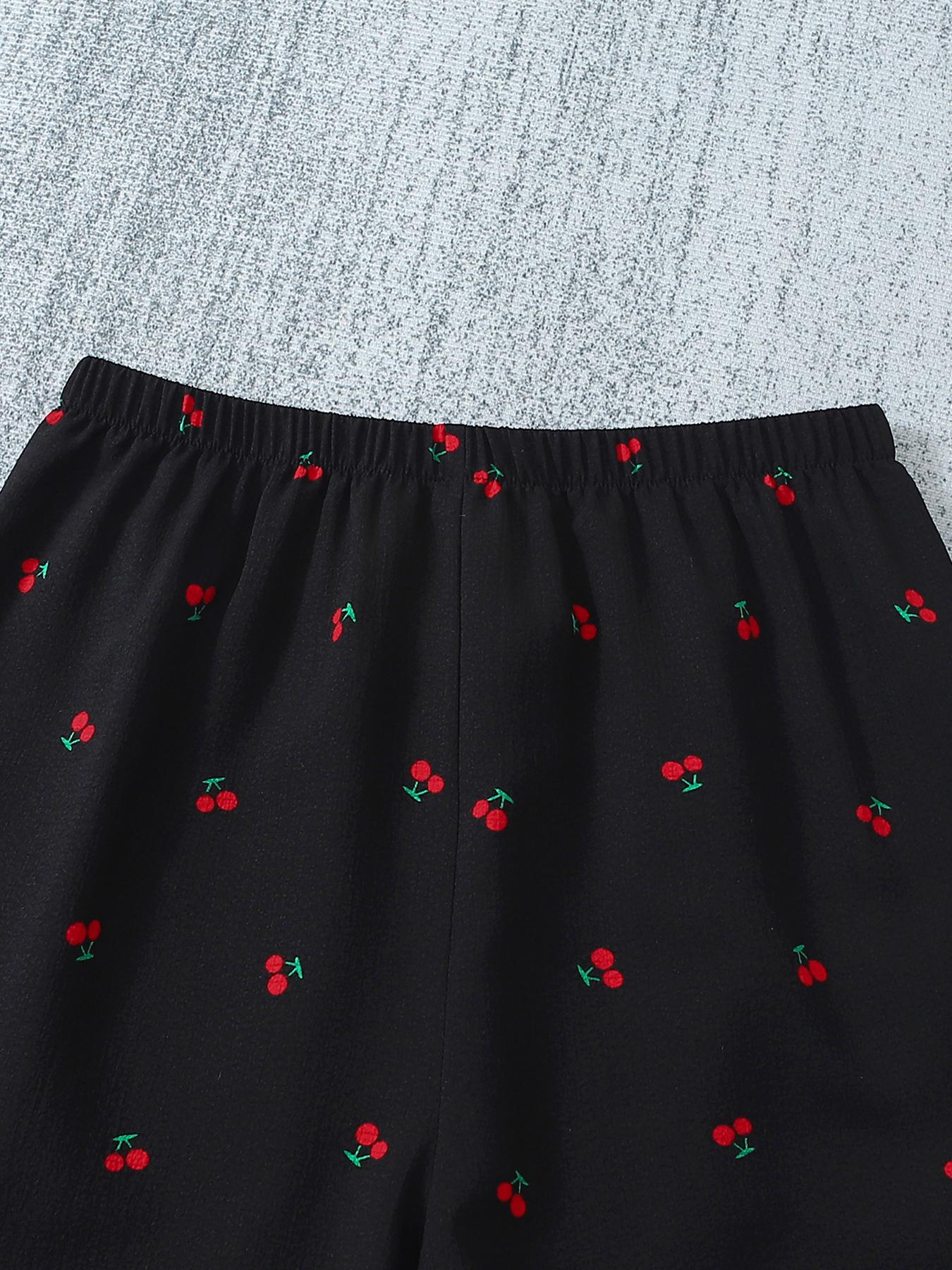 Women's 3-Piece Pajama Set, Cherry Print Button Front Top & Shorts Pants, Comfortable Sleepwear for Ladies, Casual Nightwear