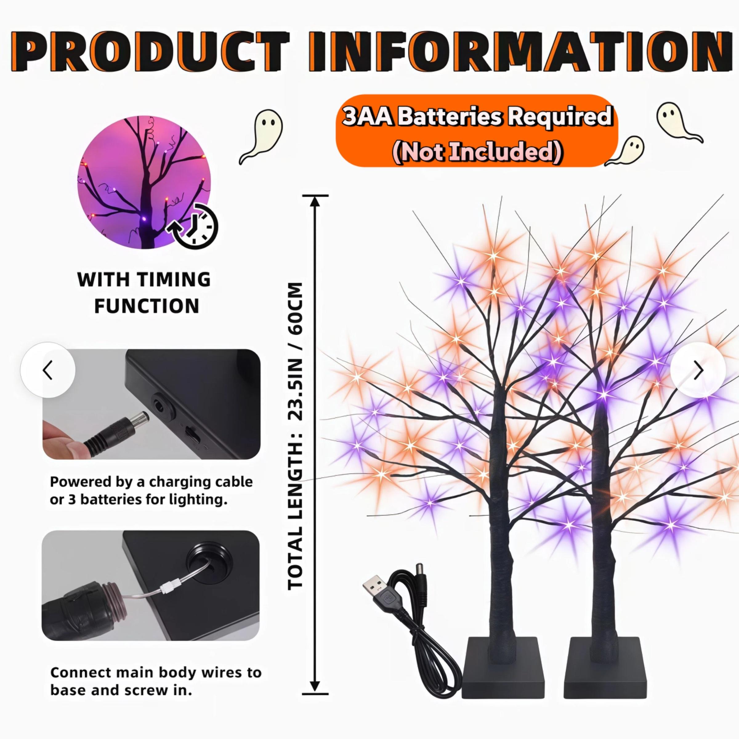 1/2 Pack 24 Inch Black Halloween Ghost Tree Light with 24 LEDs Orange & Purple Lights, USB & Battery Powered, DIY Hanging Ornament Table Lamp for Bedroom Haunted House Thanksgiving Autumn Seasonal Home Party Decor (Battery Not Included)