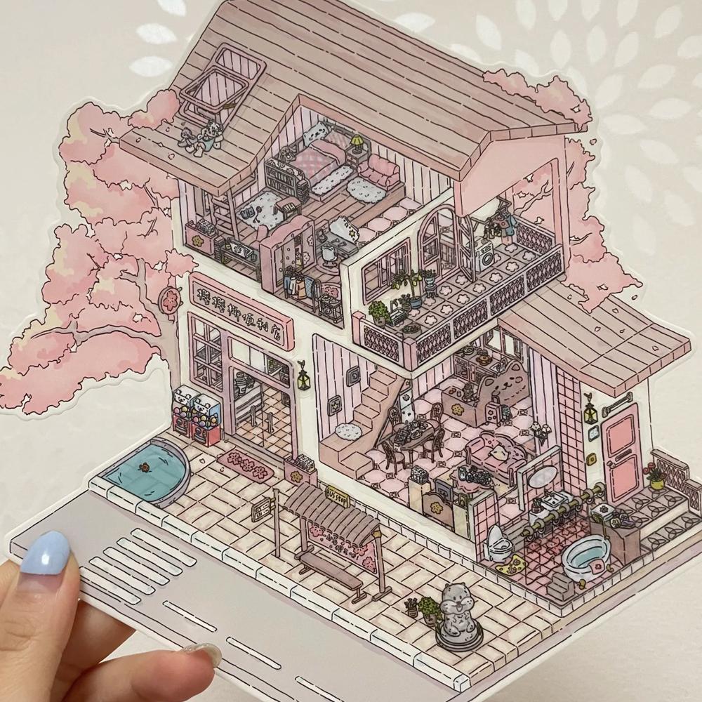 Spring Sakura Flowers Stickers, Floral House Miniature Landscape, Fantasy & Nature, DIY Kawaii Cherry Blossom Sticker Sheet