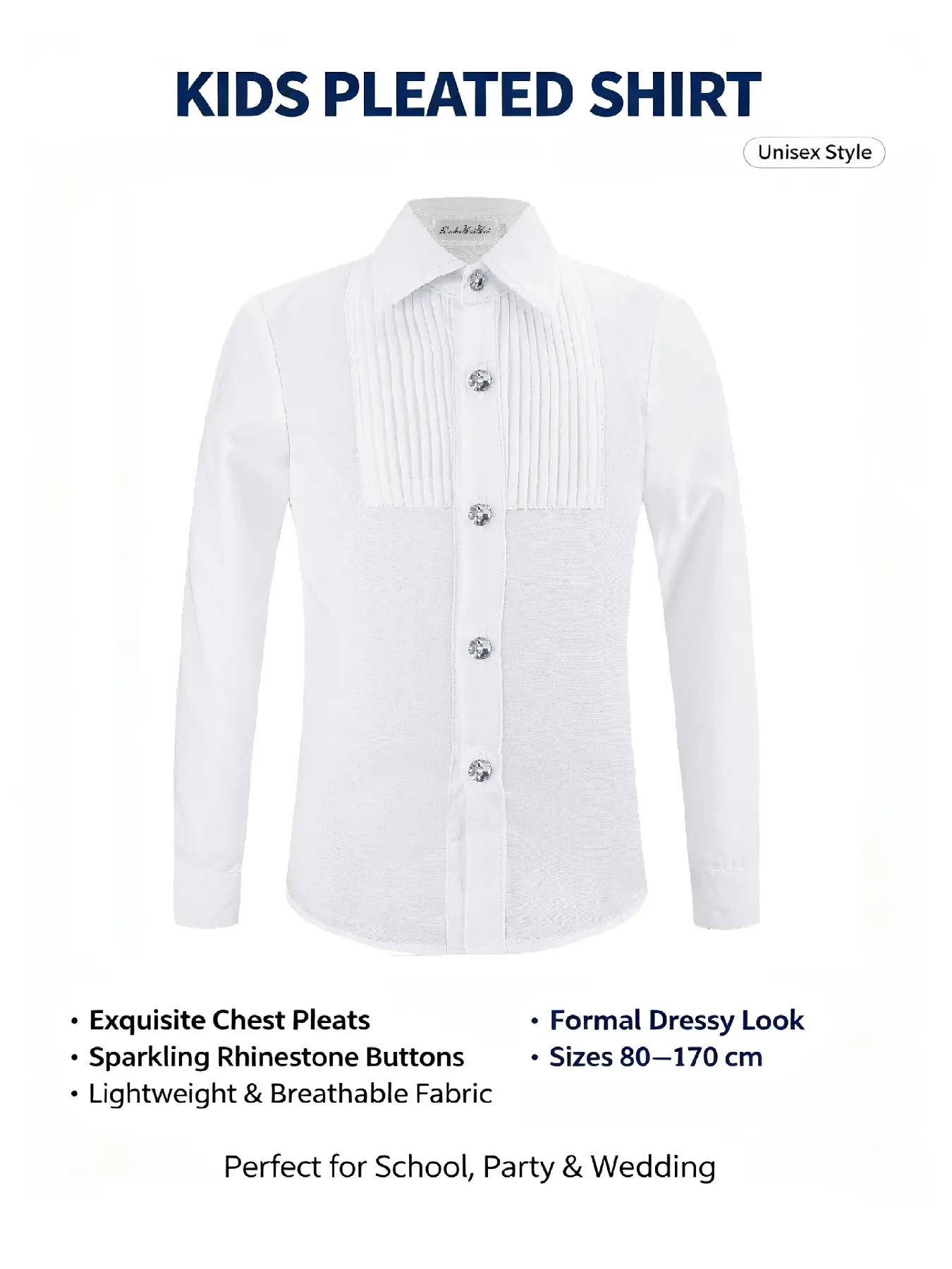 ：Kids Long‑Sleeve White Dress Shirt, Boys & Girls Elegant Pleated Tuxedo Shirt with Rhinestone Buttons, Formal Blouse for School Ceremony, Performance & Banquet, Fit Height 80‑170cm Toddler to Teen！