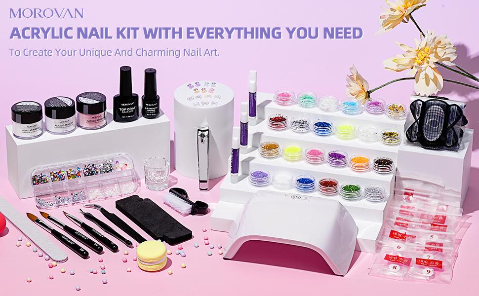 Morovan 3 Colors Acrylic Elysium Nail Kit Elysium Series for Beginners with Glitter Powder X-strength Primer UV Lamp for Nail Extension Complete DIY Starter Acrylic Nail Supplies Set