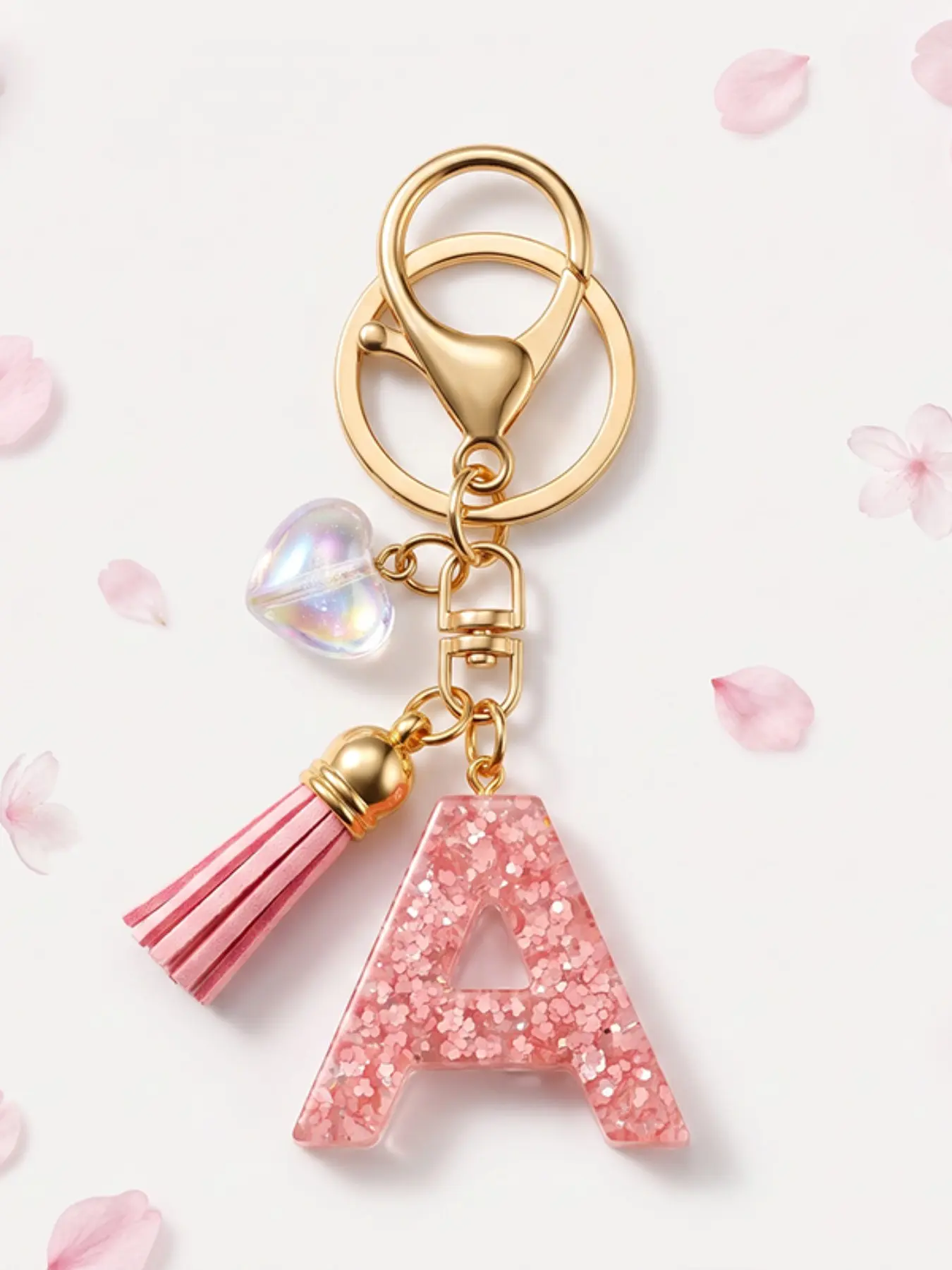 Glitter Resin Initial Keychain, Rainbow Heart Charm, Fringe, 26 Letters, Women's Bag Accessory, Sweet Birthday Gift for Girls