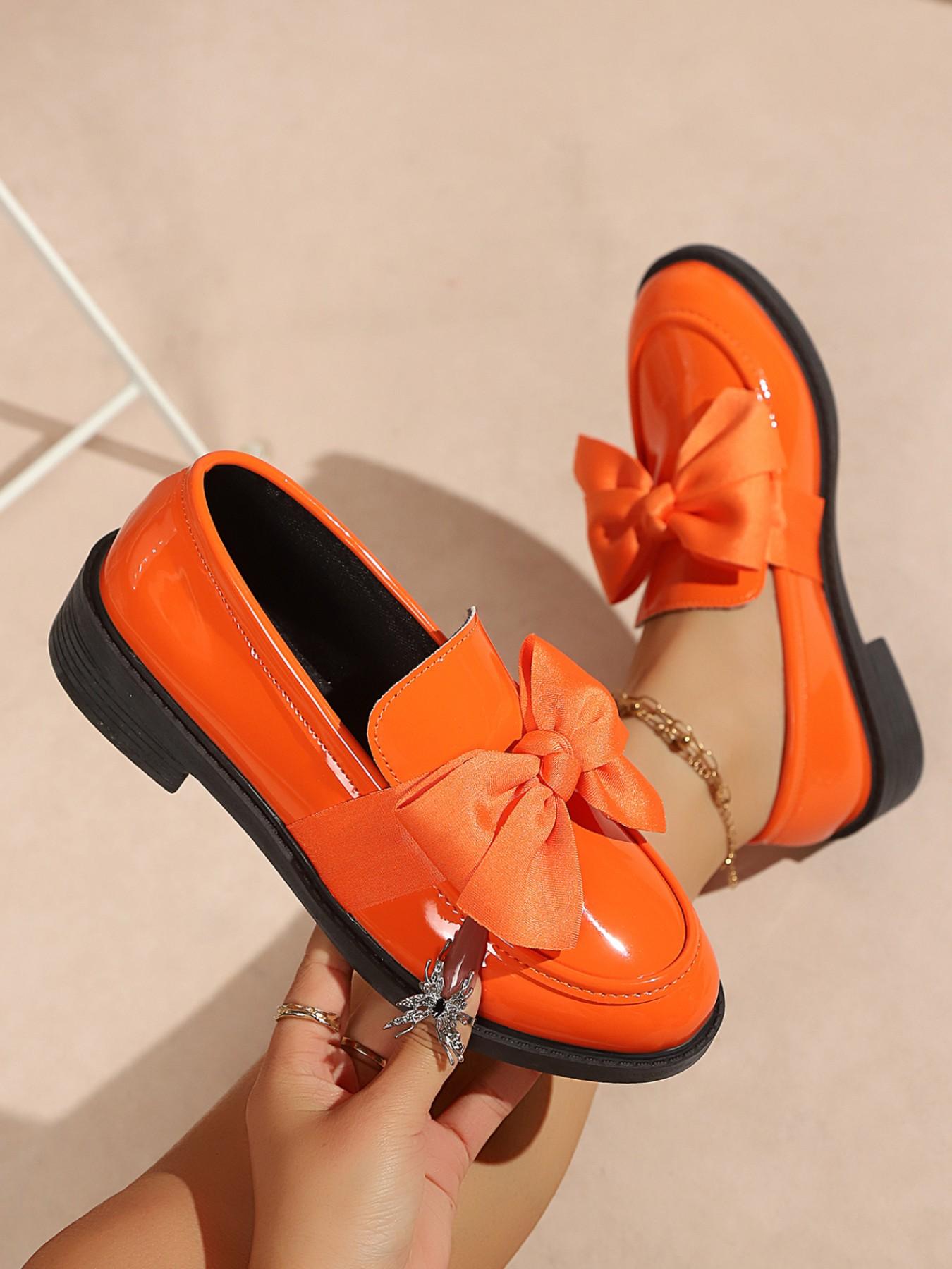 Women's Chunky Heel Patent Leather Loafer Shoes, Plain Design PU Upper Material Rubber Sole, Preppy Style Less Than Ankle Height