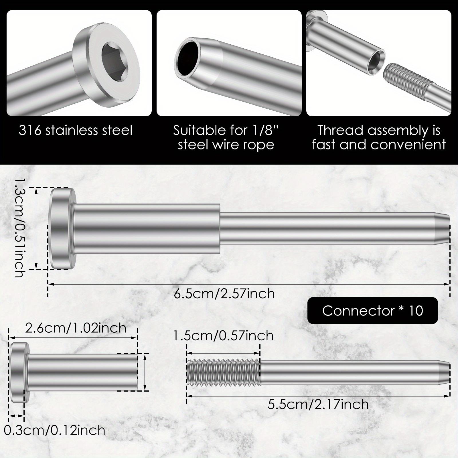 10 - Piece 316 Stainless Steel Invisible Cable Railing Hardware Kit: Receiver and Swage Stud End Set for 1/8" Wire Rope Cable. Ideal for Metal and Wood Columns
